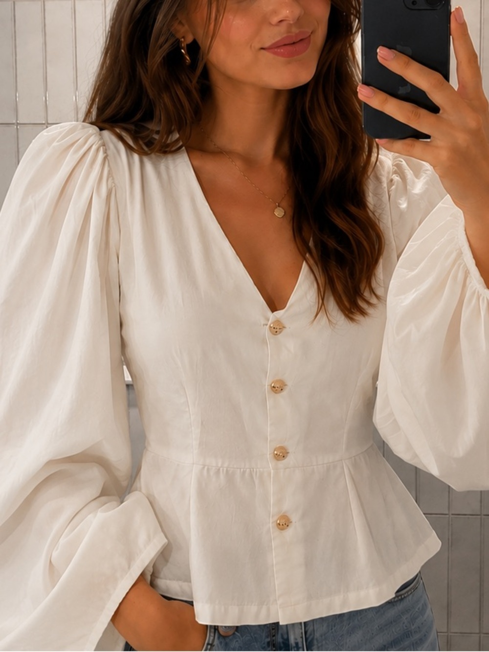 Uterque Ivory V-Neck Puff Sleeve Button-Front Blouse